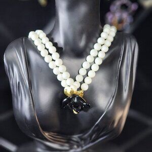Vintage Avon by Kenneth Lane Double Strand White Necklace With Black Flower
